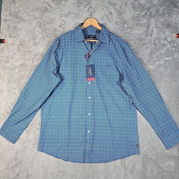 Chaps‎ Shirt Mens Large Blue Tartan Plaid Button Up Performance Gorpcore UPF 50 - Picture 1 of 10